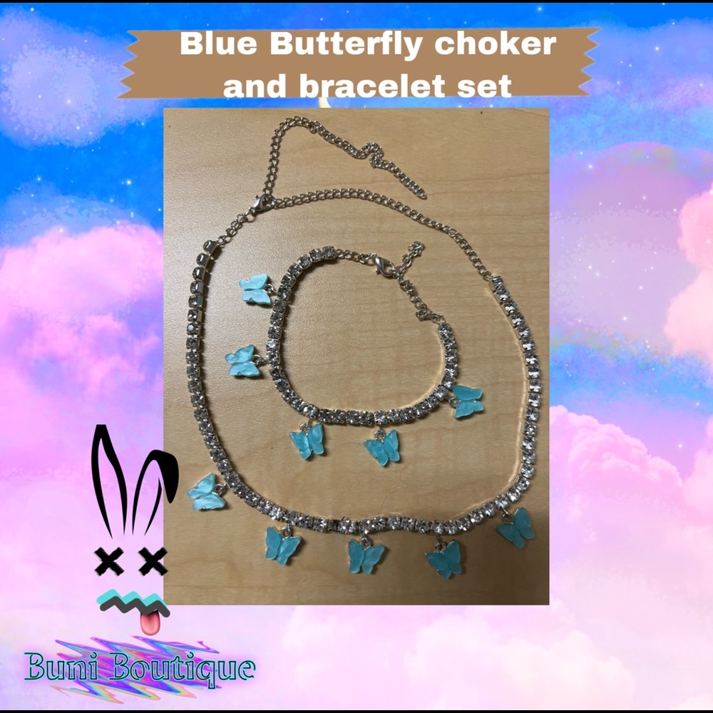 ❌SOLD ON VINTED❌Blue Rhinestone Butterfly Choker & Bracelet Set